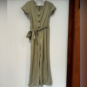 Dream Girl Olive Ribbed Button-Front Jumpsuit with Self Tie Size 7/8